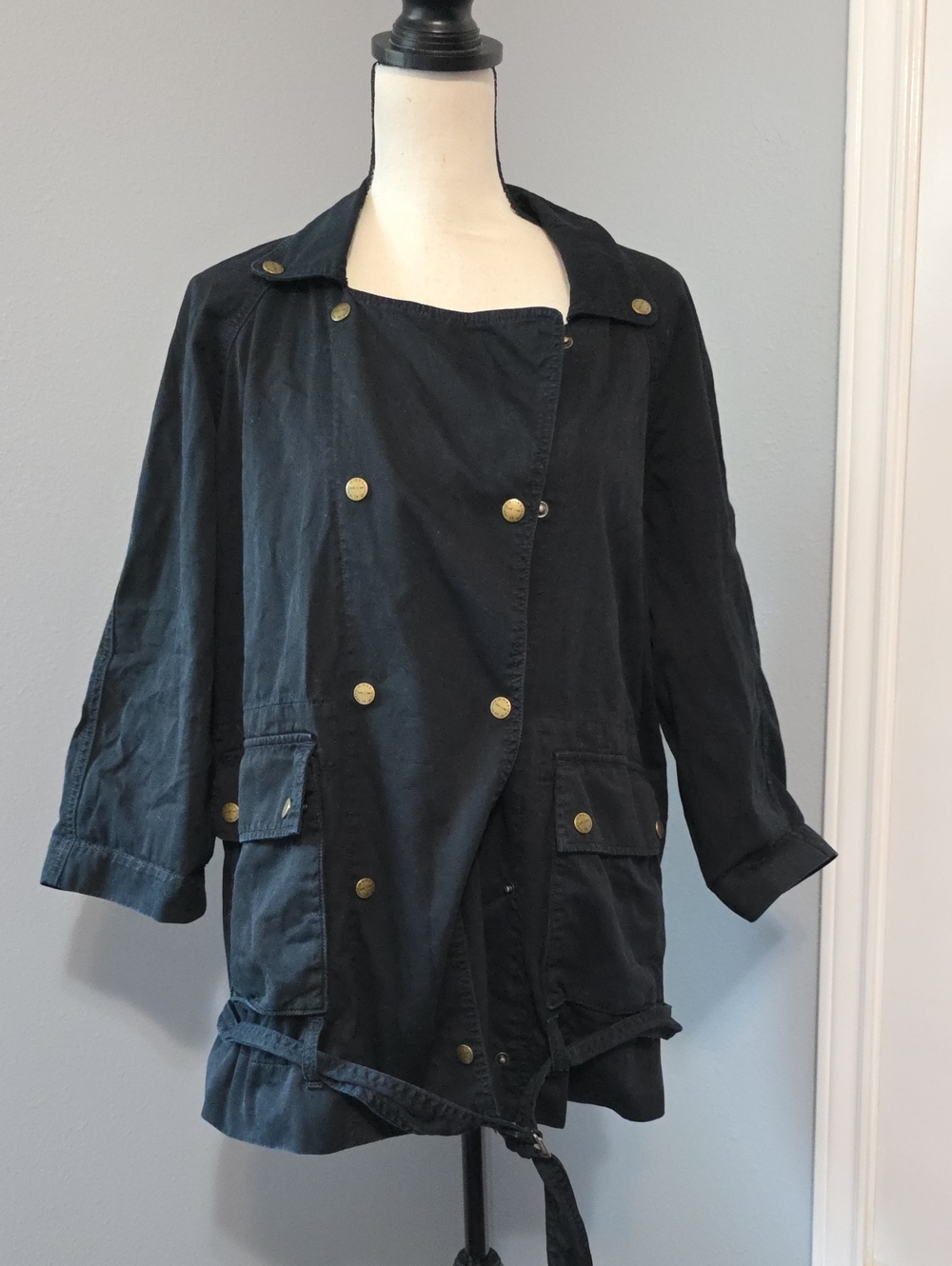 Current/Elliott Black Double-Breasted Utility Jacket with Gold Buttons